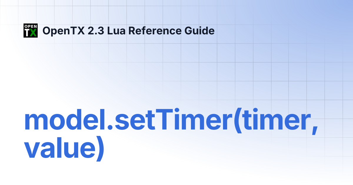 model.setTimer(timer, value) | OpenTX 2.3 Lua Reference Guide